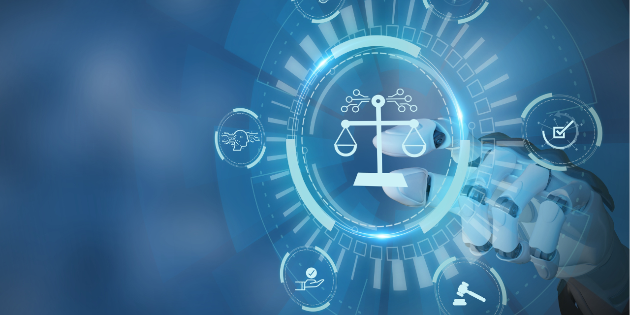 Robotic hand touching floating icons on a blue background.