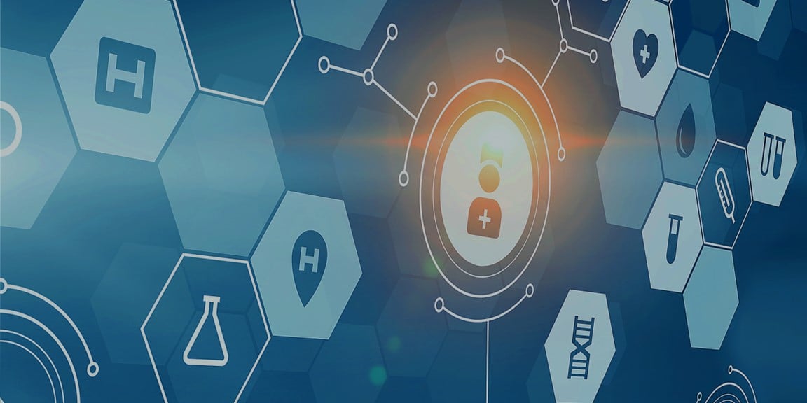 Abstract image showing various icons connected to a center icon of a person